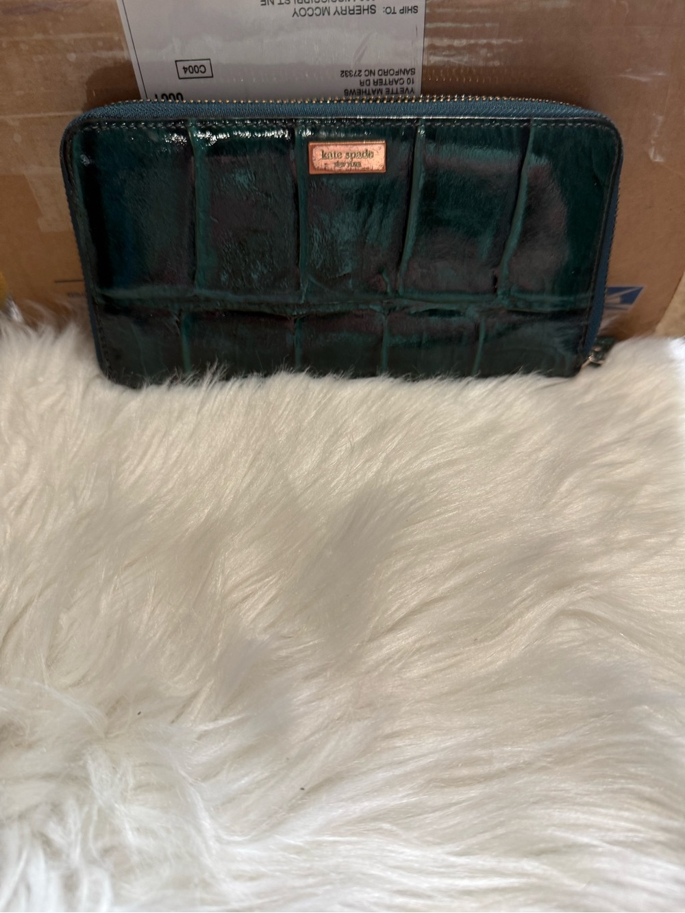 kate spade Emerald Green Croc-Embossed Zip Wallet